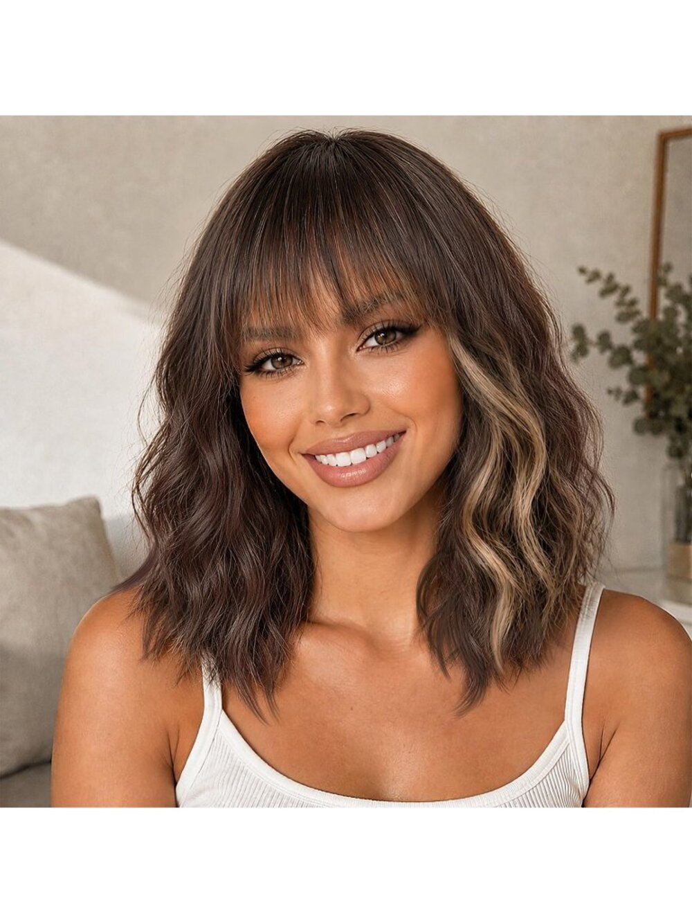 Women's Blonde Short Shoulder Curly with Bangs 16 Inch Synthetic Wig